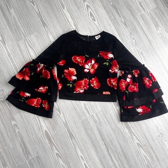 Impulse Black Red Floral Mesh Ruffle Sleeve Cropped Top Medium - Picture 12 of 16